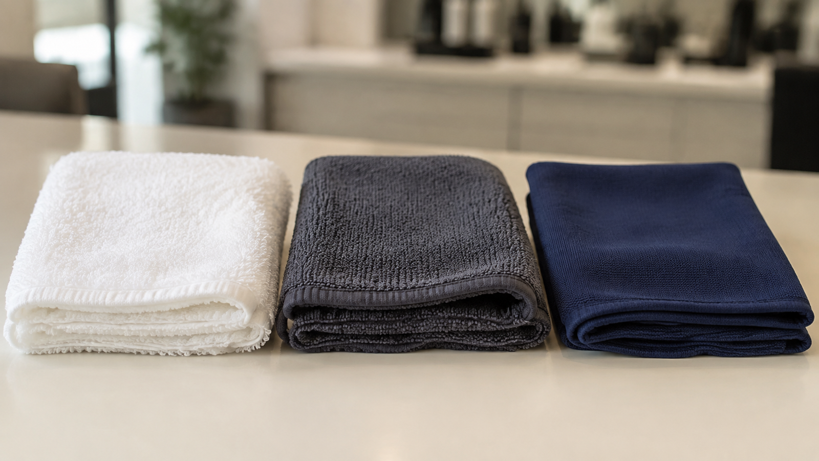 White, charcoal, and navy salon towels with different surface constructions