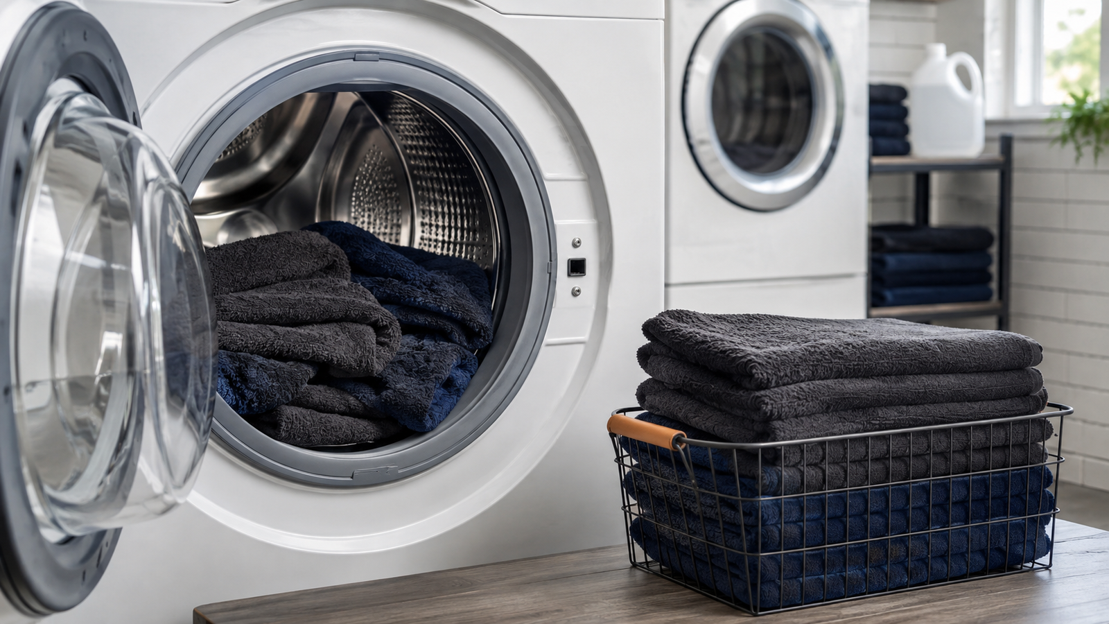 Dark salon towels in and beside front-loading laundry machines