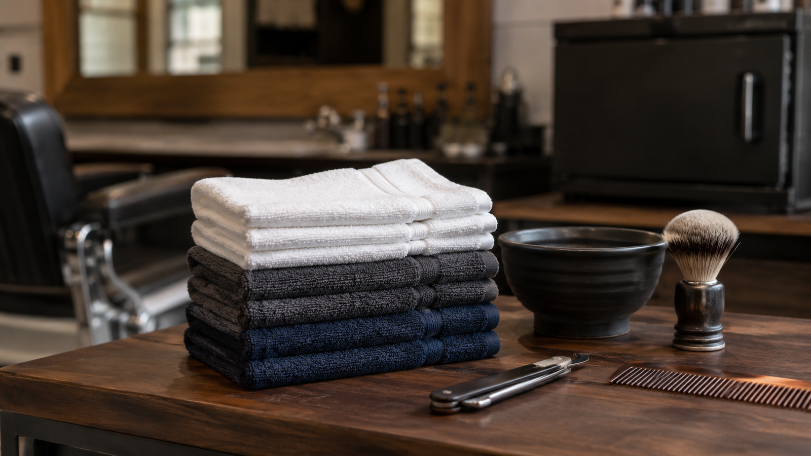Stacks of white, charcoal, and navy barber towels beside shaving tools in a barbershop