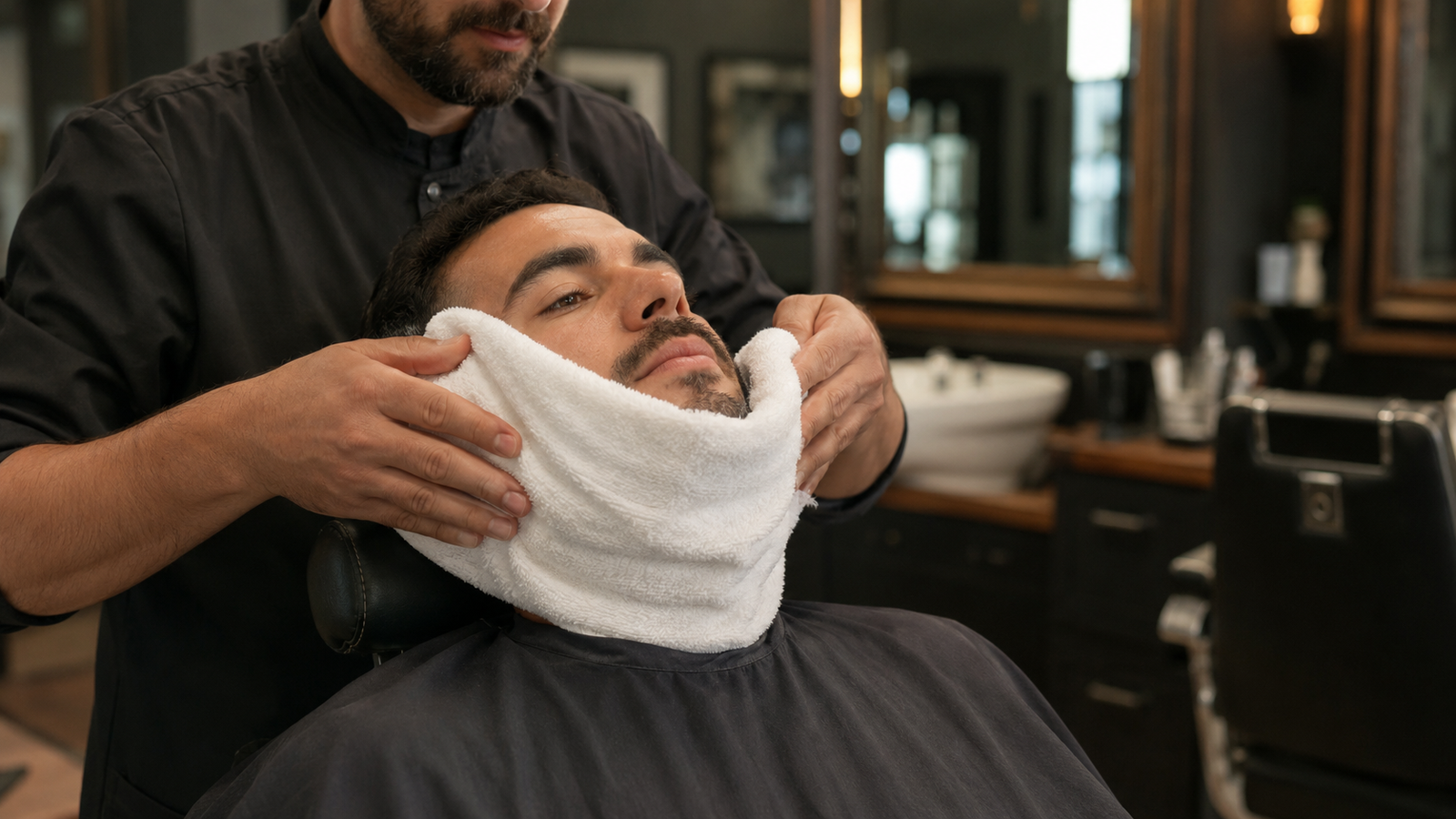 Barber applying a warm white towel around a client’s face before shaving