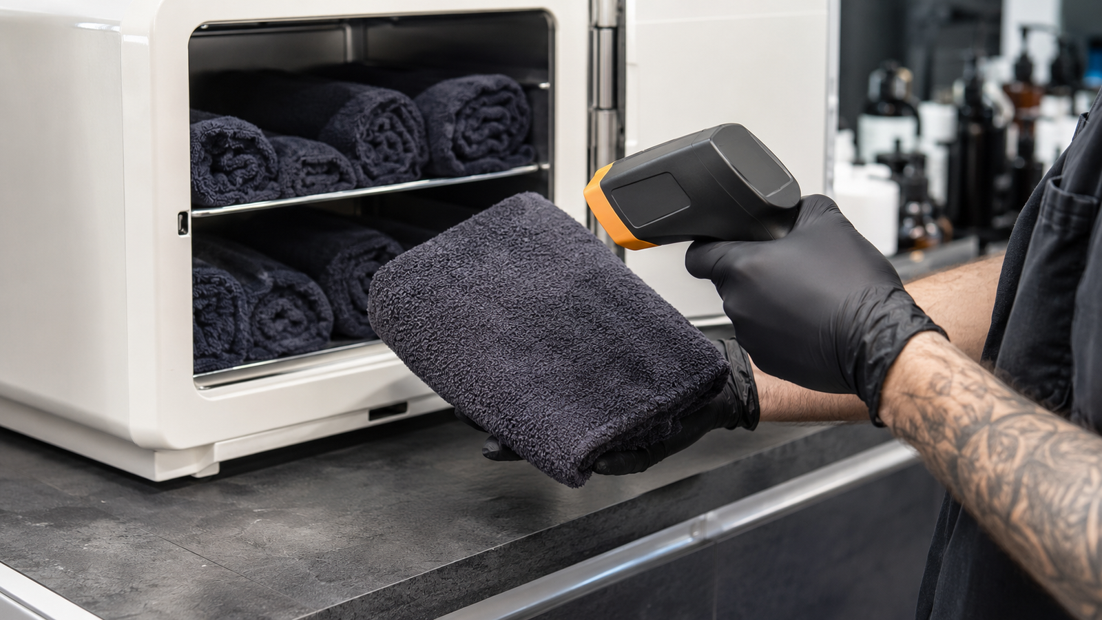Barber measuring the surface temperature of a folded towel beside a towel warmer