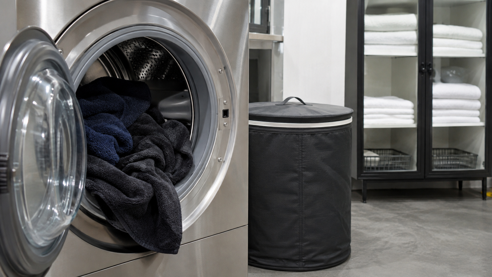 Dark barber towels being loaded into a front-loading washing machine beside protected clean towel storage