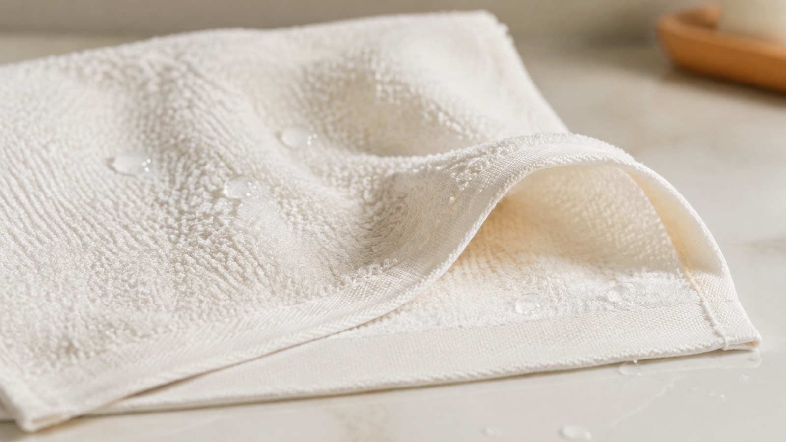 Close-up of a damp white terry face towel showing its pile, borders, and water droplets