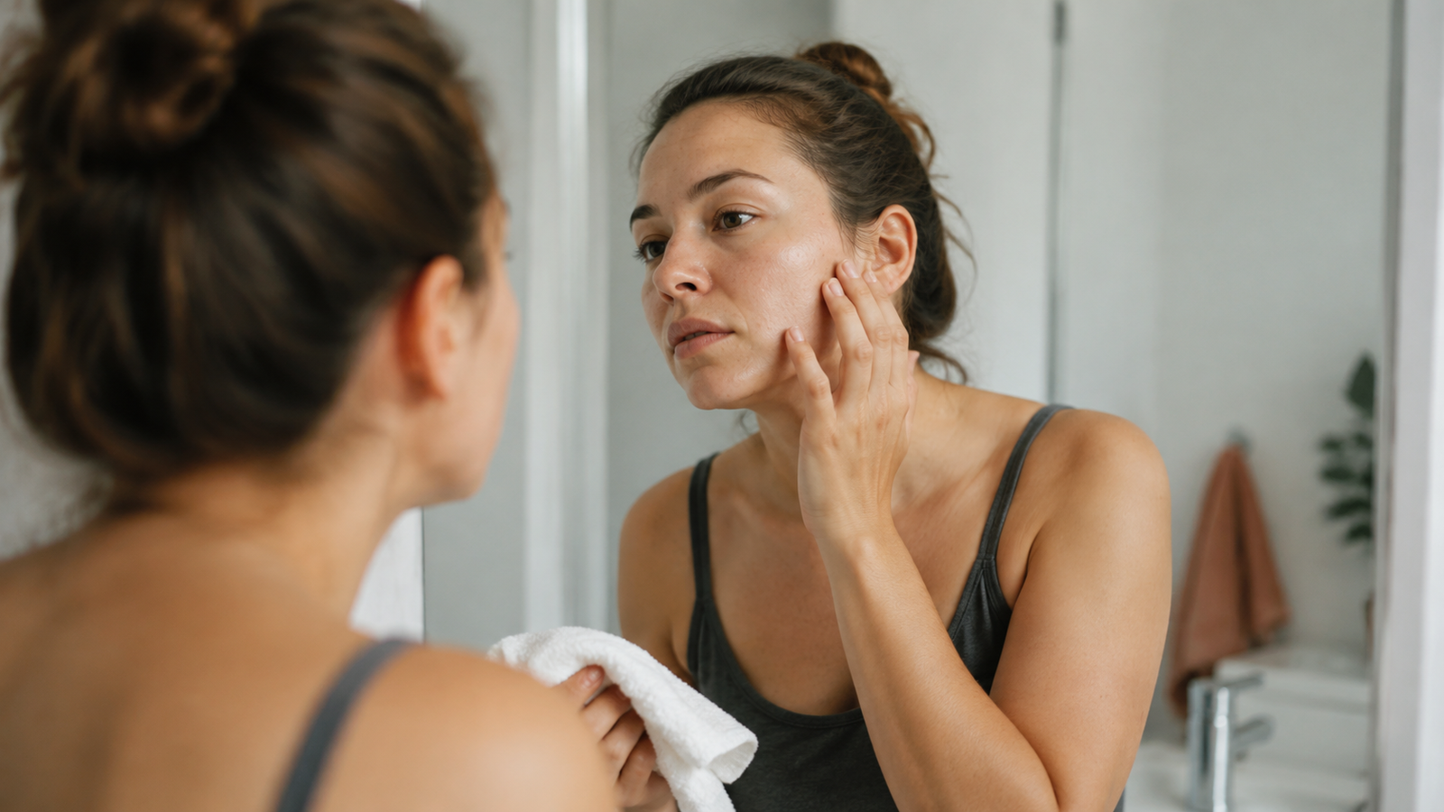 Woman holding a white face towel while checking her cheek for irritation in a mirror