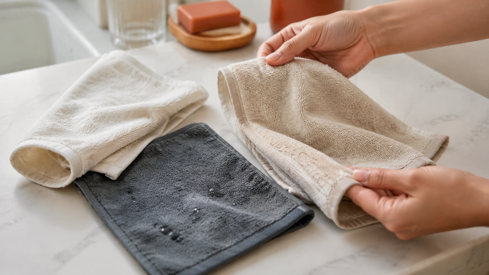 Hands comparing damp face towels with different colors and terry textures