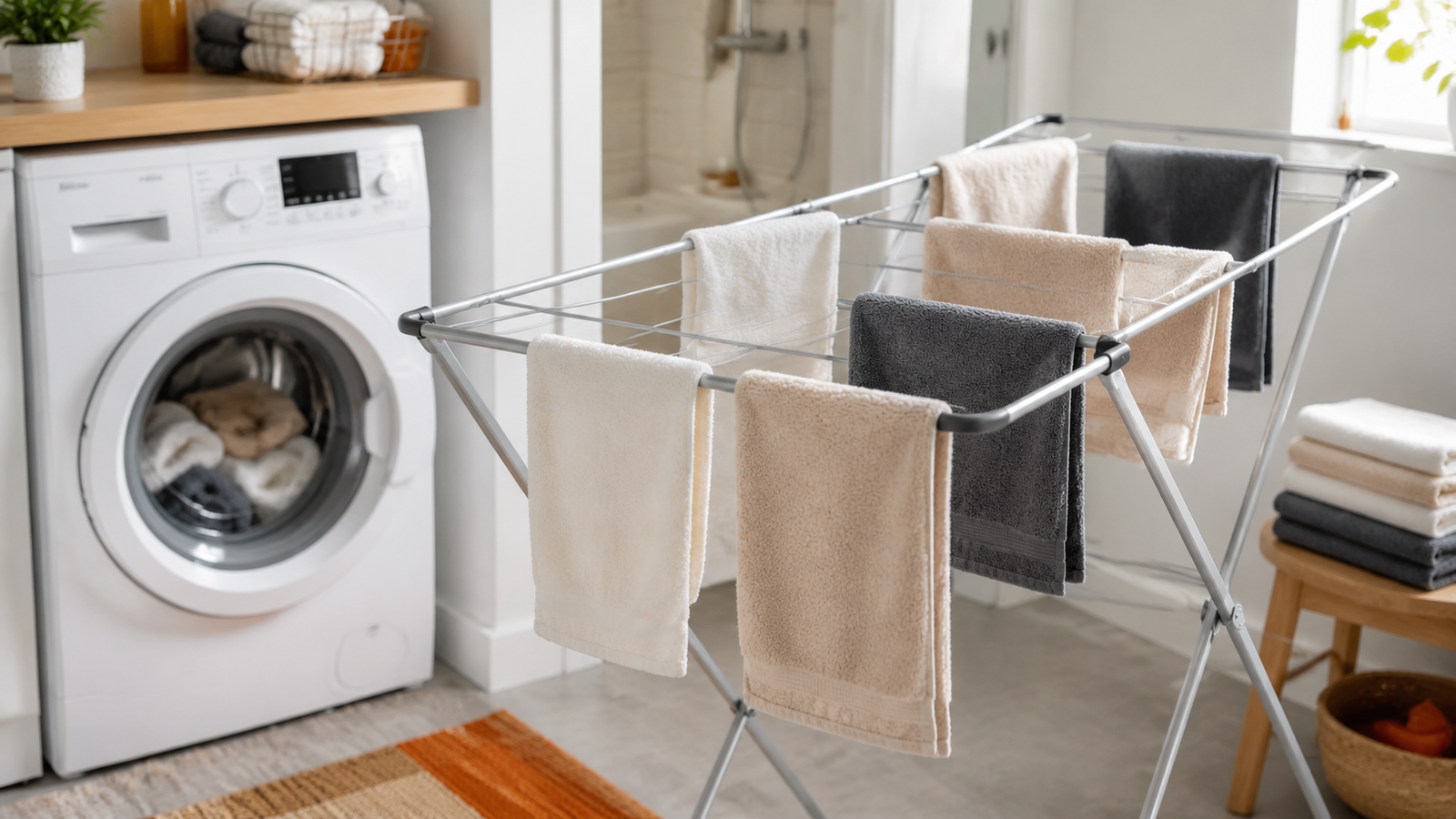 Clean face towels drying separately on an indoor rack beside a washing machine