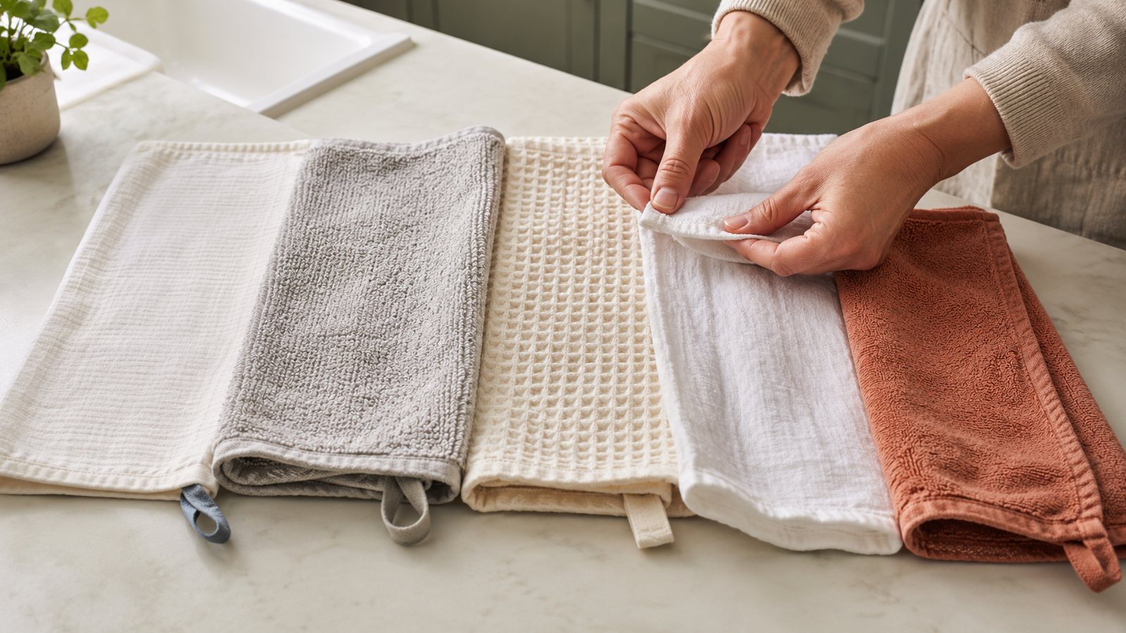 Kitchen towels with different constructions prepared for moisture-performance comparison