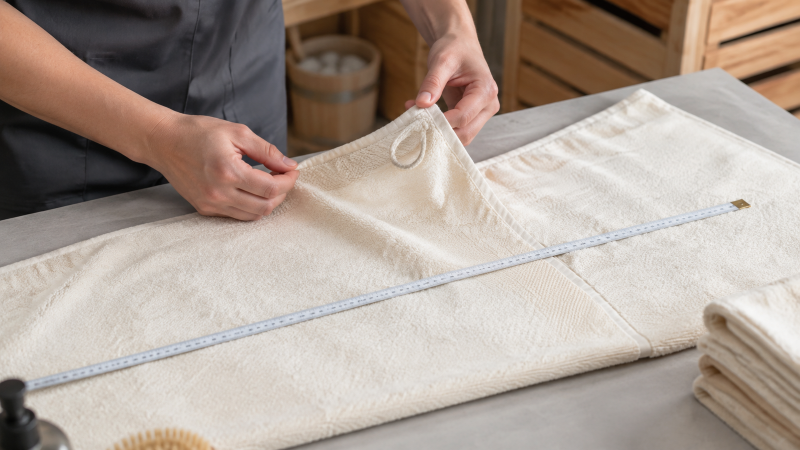 Sauna towel being measured while its hem and hanging loop are inspected