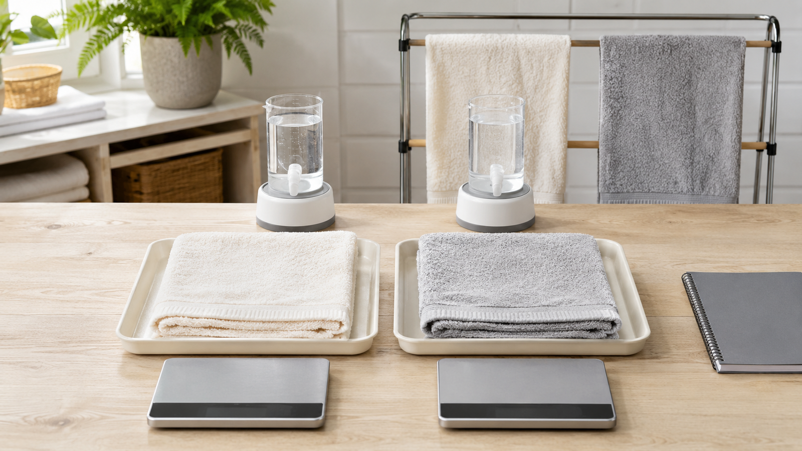 Two sauna towels arranged for controlled water-load and mass comparison testing