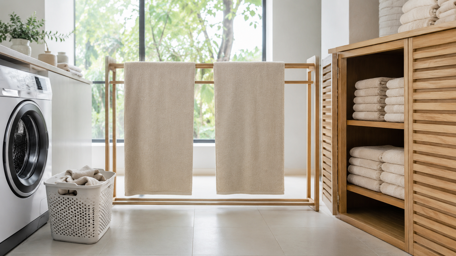 Sauna towels hanging openly to dry beside a washing machine and clean towel storage