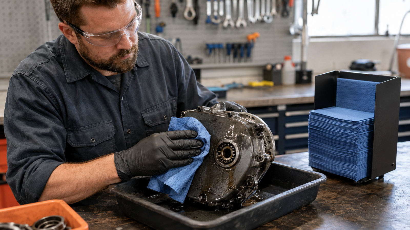 Reusable shop towels being cleaned and inspected before returning to service