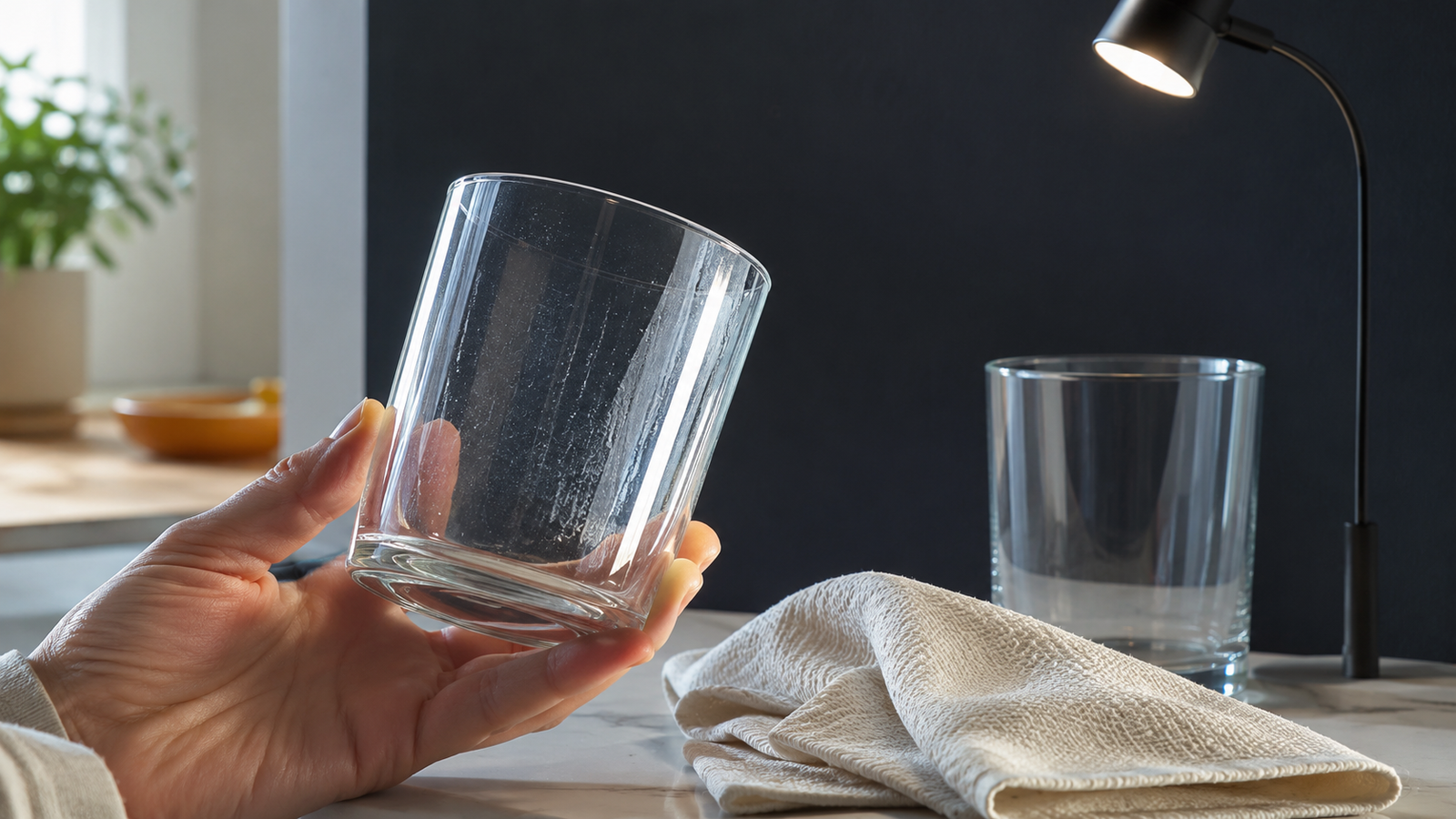 Drinking glass inspected under directional light showing visible water streaks and surface residue beside a tea towel