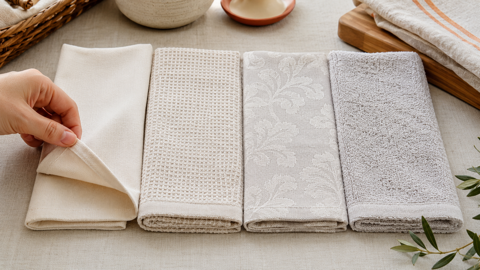 Four folded tea towels showing smooth flat, textured, patterned, and raised-pile constructions for comparison