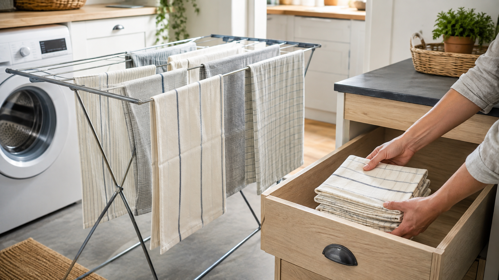 Freshly laundered tea towels drying separately on a rack before clean folded towels are placed into storage