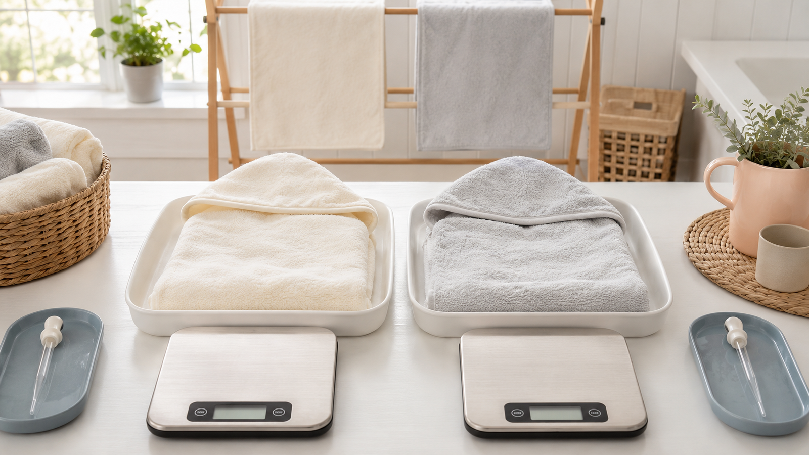 Two hooded baby towels on scales beside droppers for a controlled absorbency comparison