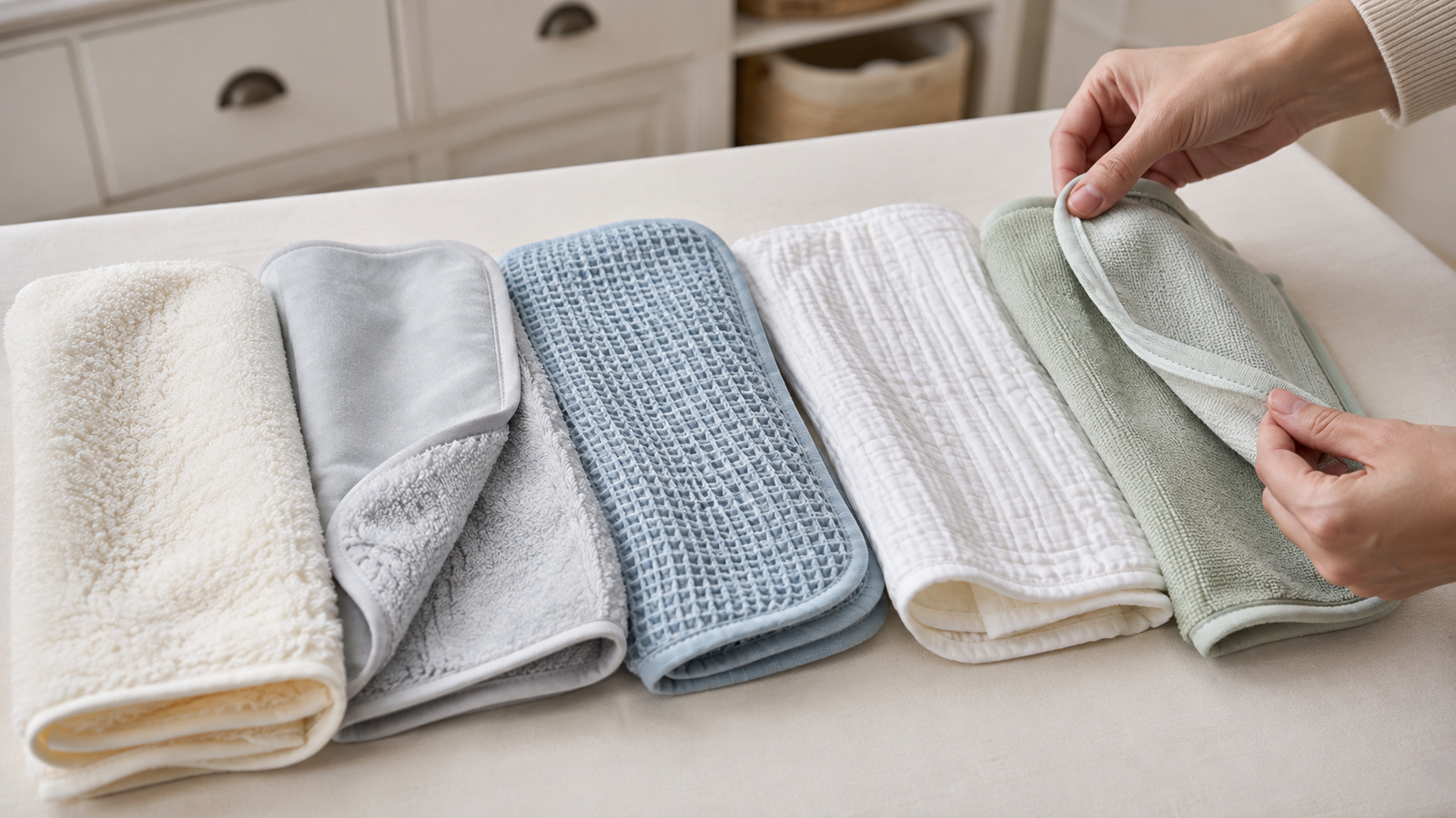 Five baby towel constructions arranged for comparing pile, weave, layers, and bound edges