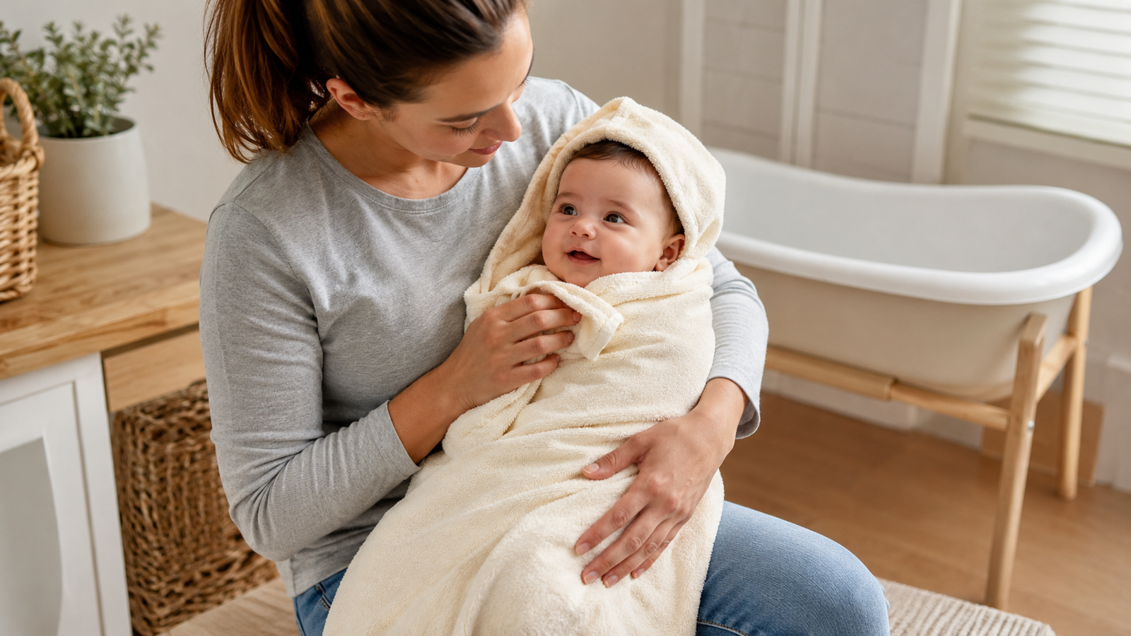 Caregiver holding a supervised baby wrapped in a hooded towel after a bath