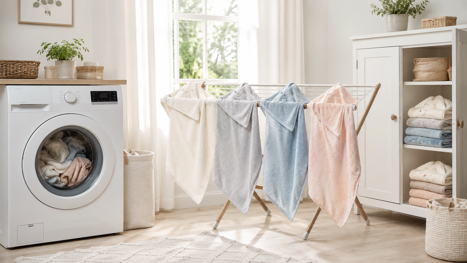 Baby towels hanging fully open on a drying rack beside a washing machine