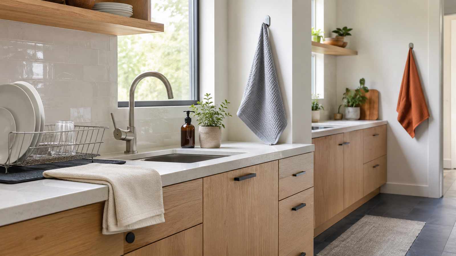 Flat-woven dish towels and thicker kitchen towels arranged for comparison