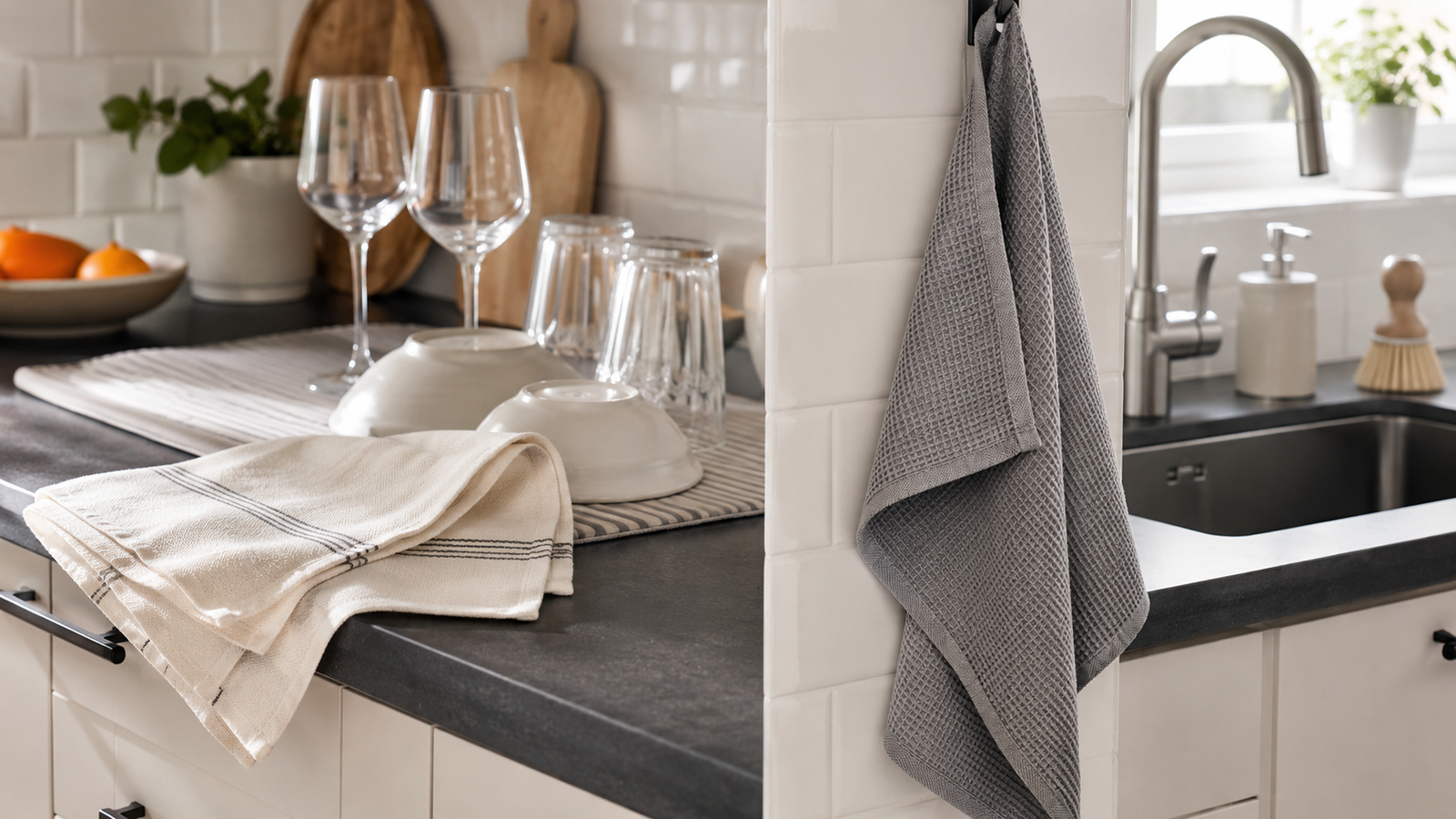 Dish towels organized by their assigned kitchen tasks