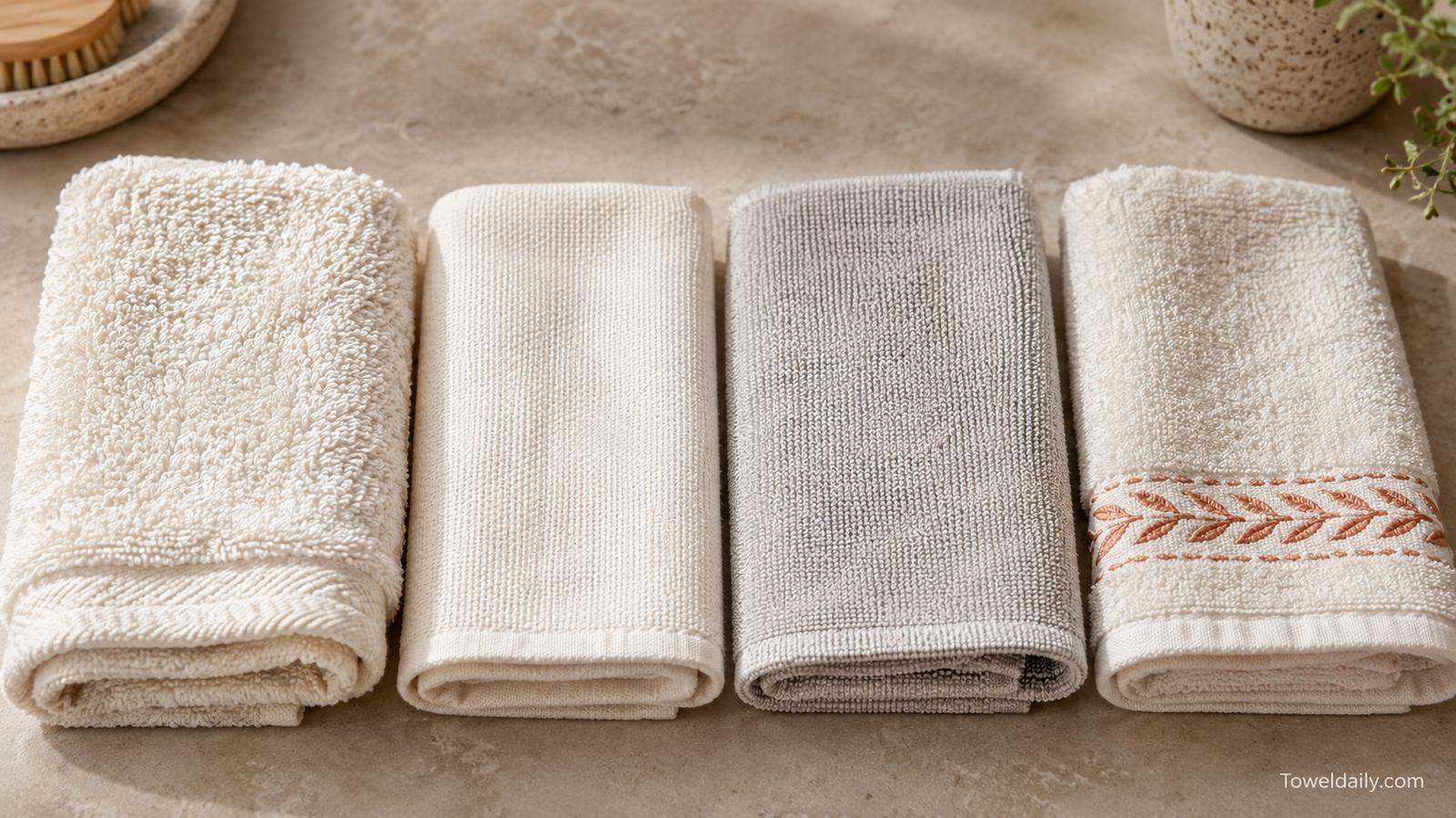 Four fingertip towels showing terry, low-profile woven, synthetic, and embroidered constructions
