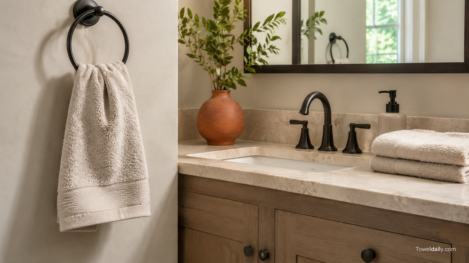 Fingertip towel hanging from a bathroom ring with a clean replacement stack beside the sink