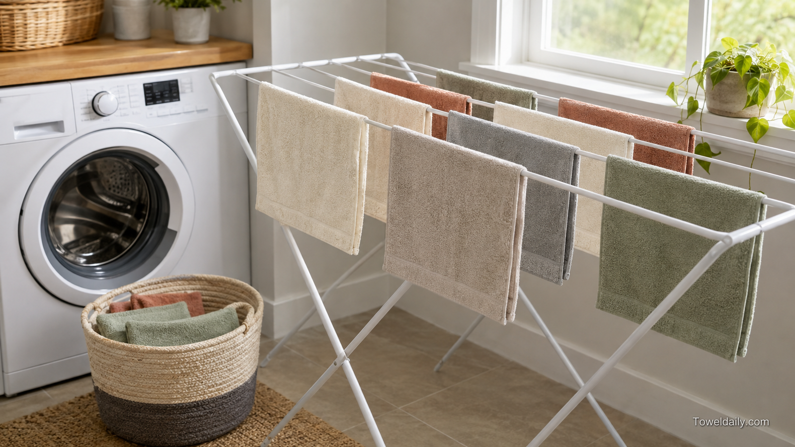 Clean fingertip towels spread over a drying rack in a bright laundry room