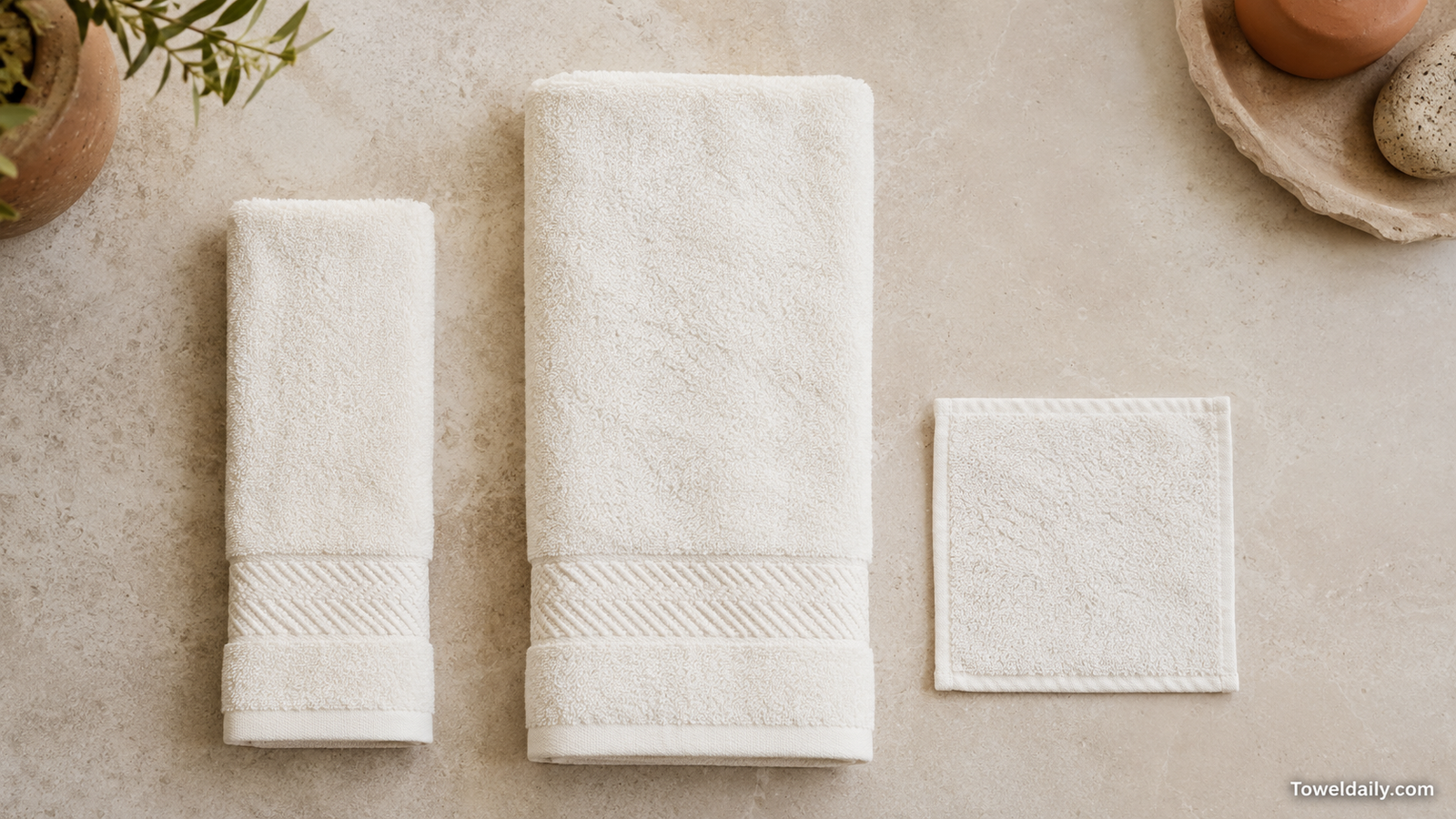 Three white bathroom textiles in different sizes arranged for comparison