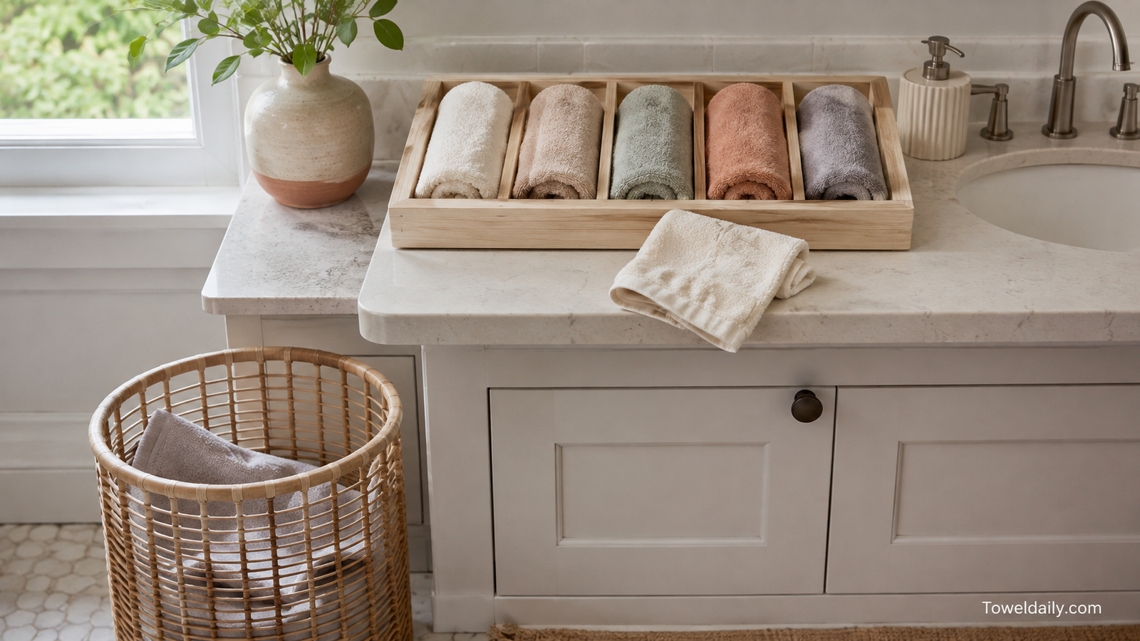 Rolled fingertip towels arranged by color in a wooden tray beside a bathroom sink