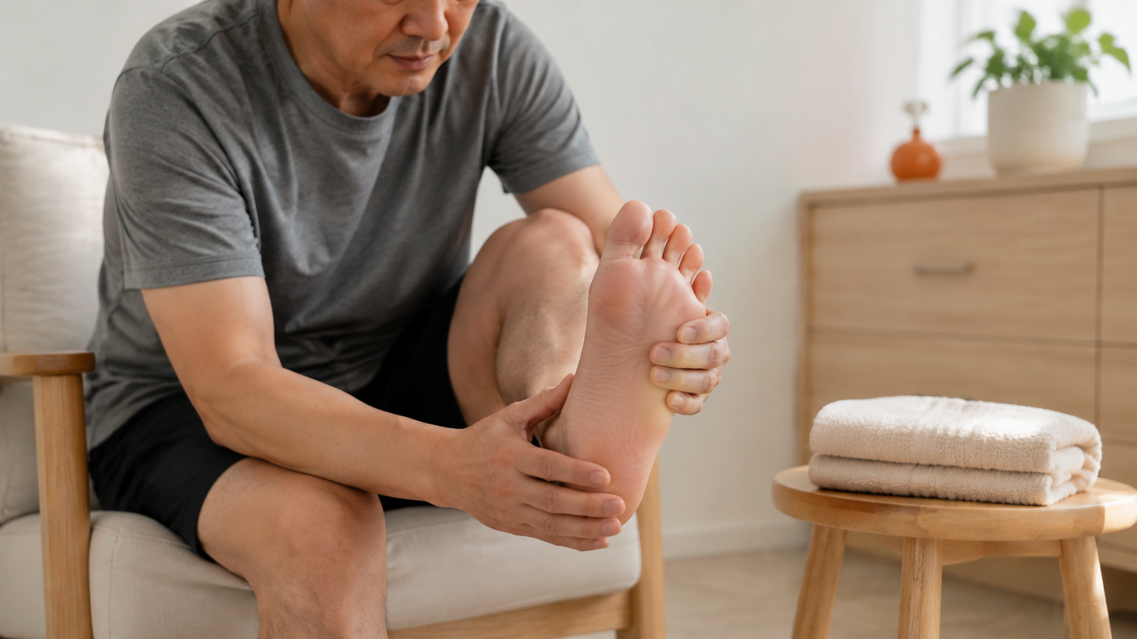 Seated person carefully inspecting the sole and sides of one foot