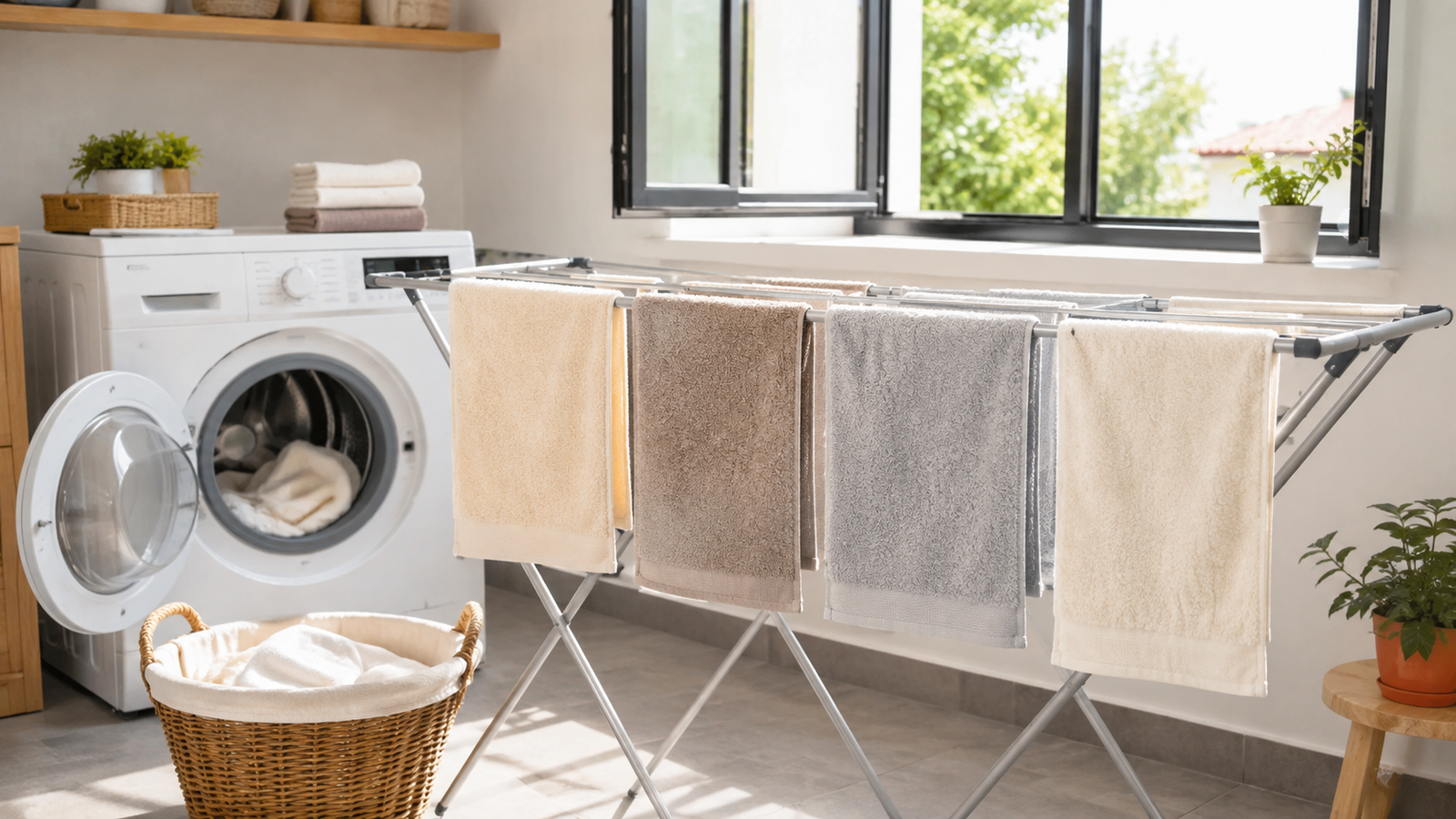 Freshly laundered towels hanging separately on a drying rack beside a washing machine