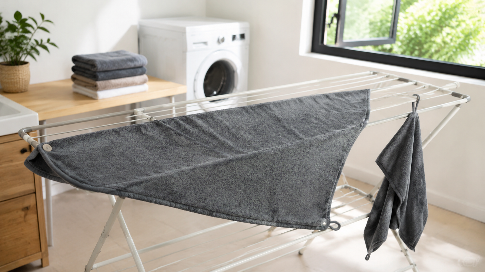 Gray hair towels opened across a drying rack in a ventilated laundry room