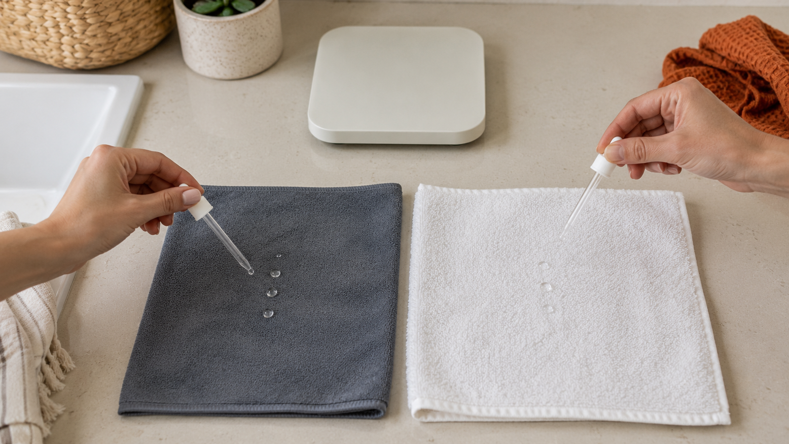 Two folded hair-towel fabrics receiving equal water drops beside a digital scale during a wetting comparison