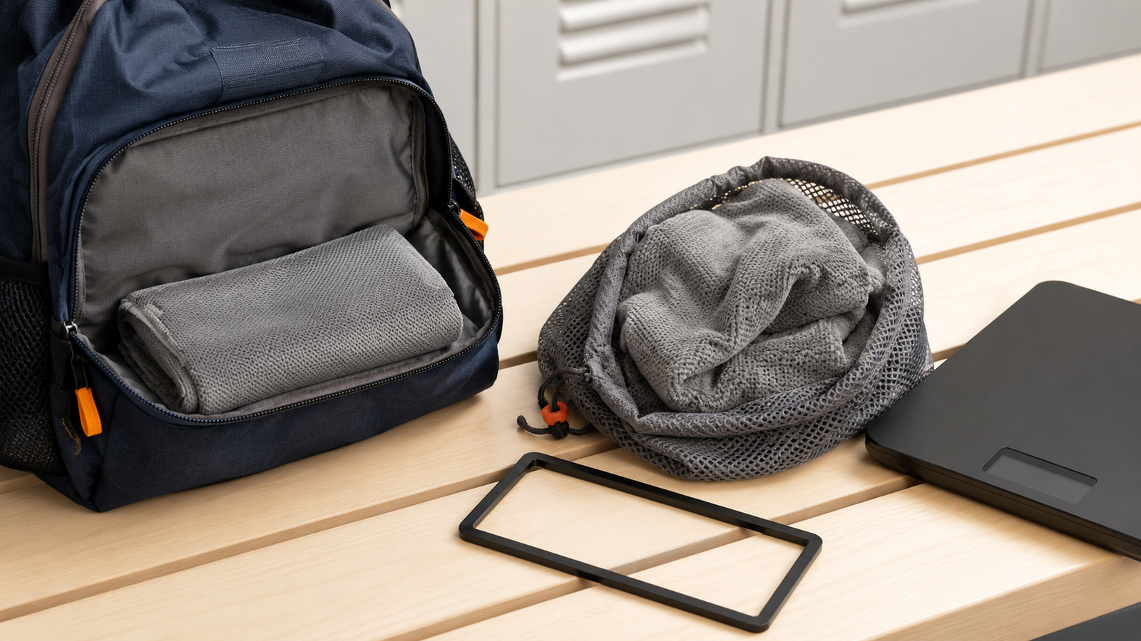 Compact sports towel packed in a backpack beside a breathable bag for damp transport