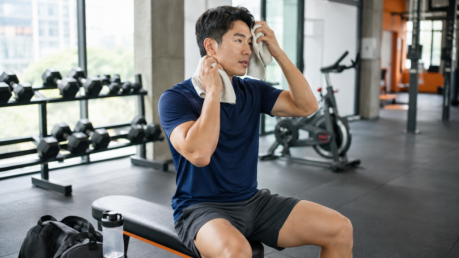 Athlete using a sports towel to blot sweat during a gym workout