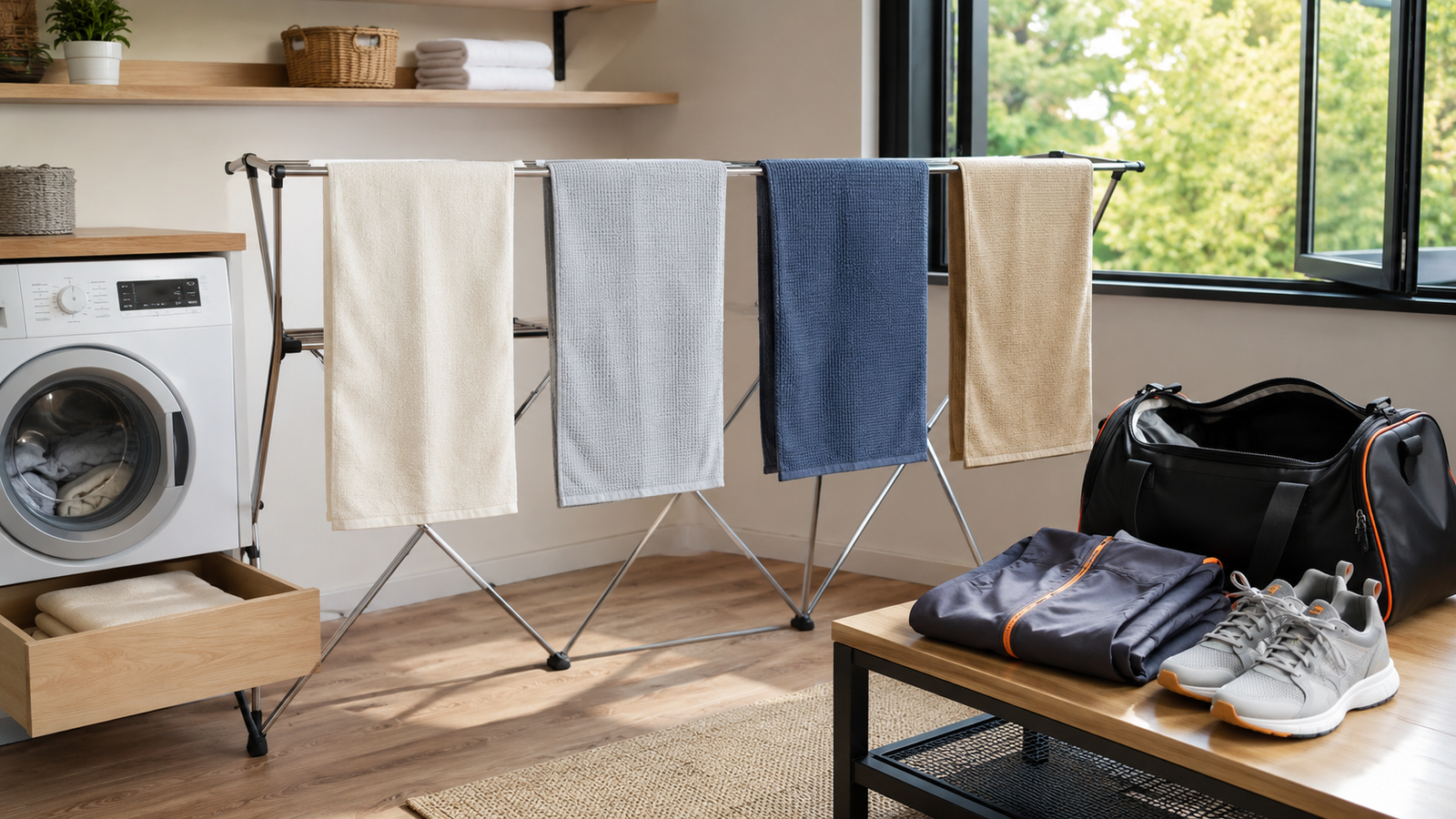 Clean sports towels drying completely on a rack beside laundry and gym equipment