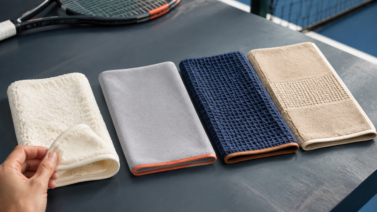 Four finished tennis towels with different pile and textured constructions