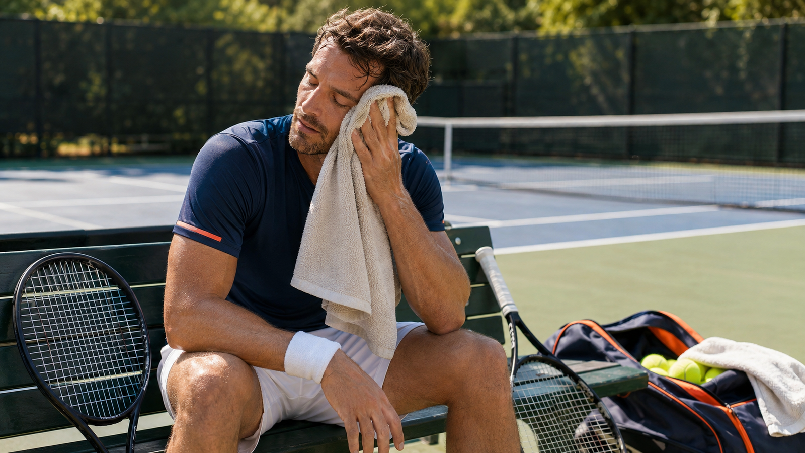 Tennis player blotting facial sweat with a clean towel during a court break