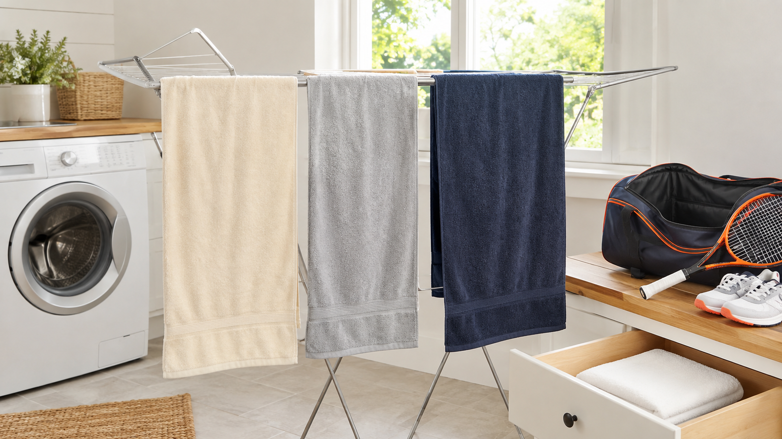 Clean tennis towels drying fully on a rack beside laundry equipment and court gear