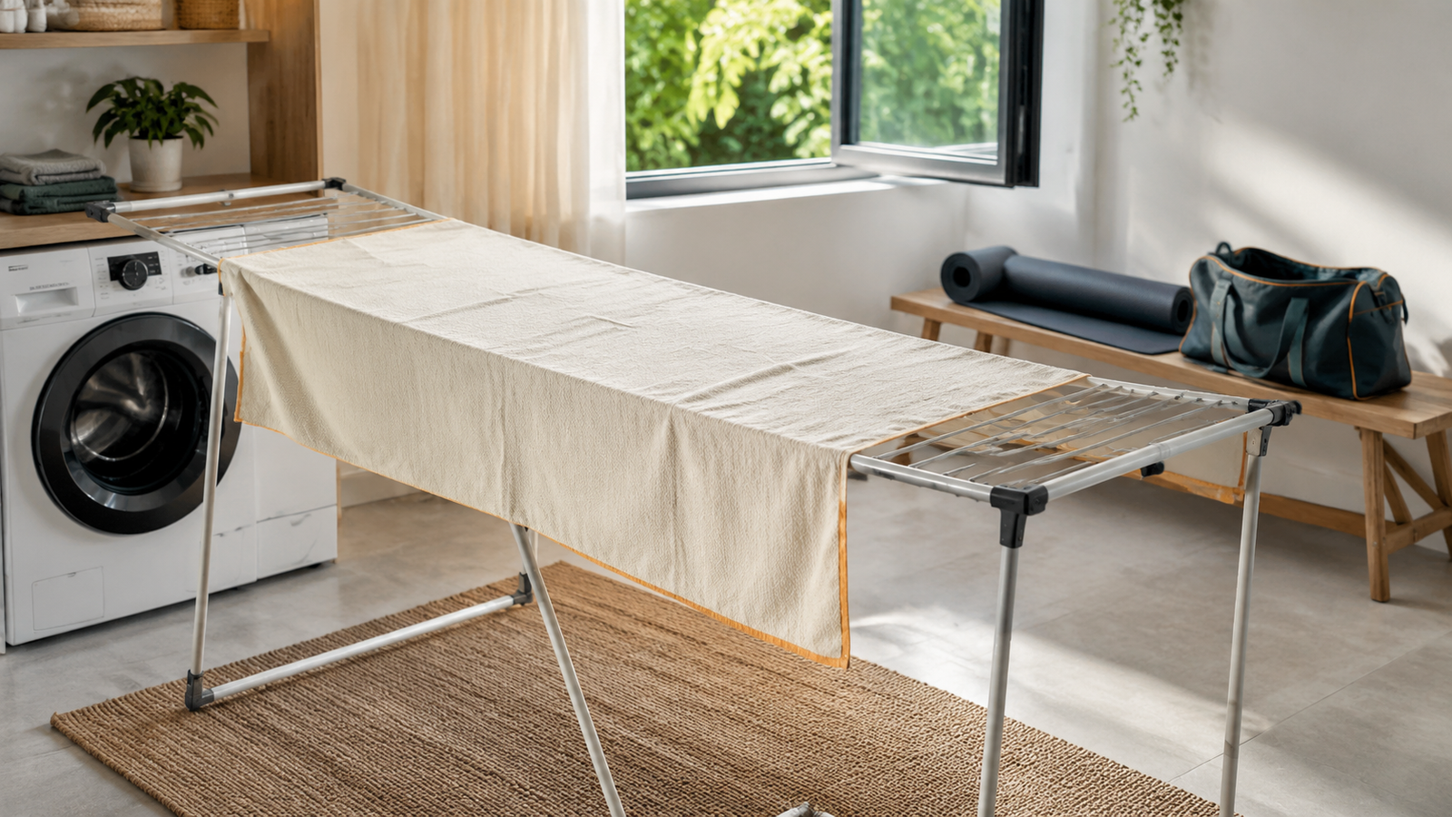 Clean yoga towel spread across an indoor drying rack beside a washing machine and yoga equipment