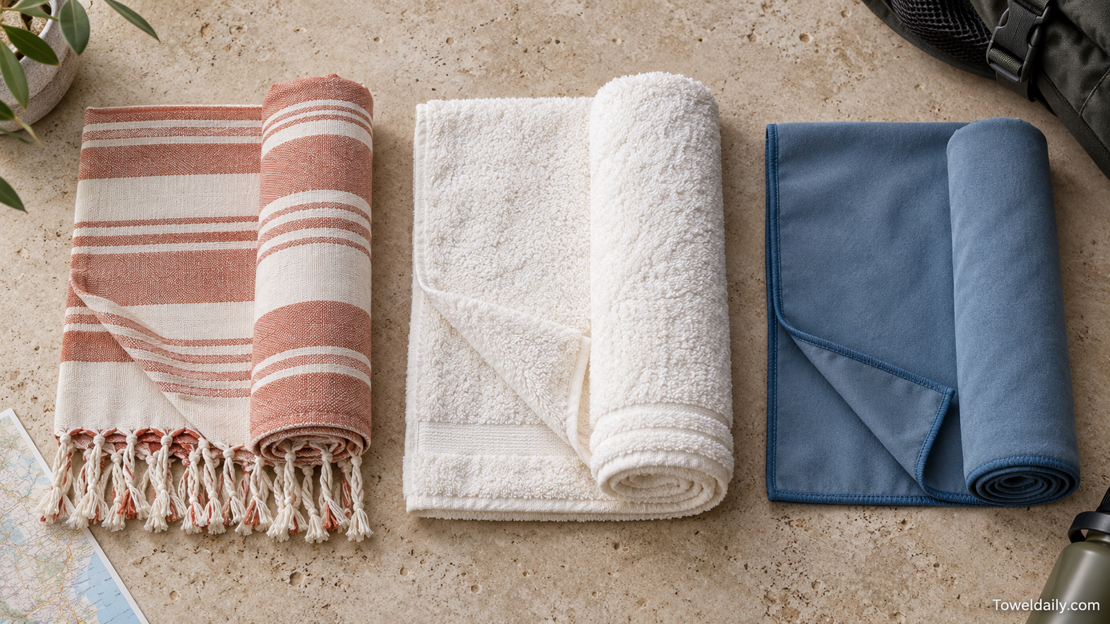 Flat-woven fouta, loop-pile terry, and compact synthetic travel towels arranged for comparison