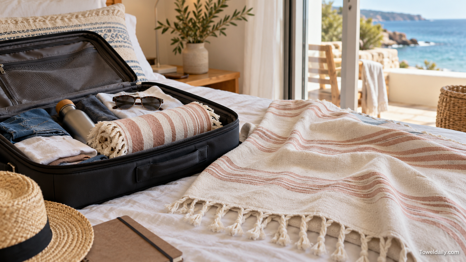 Striped fouta towels arranged beside and inside an open travel suitcase