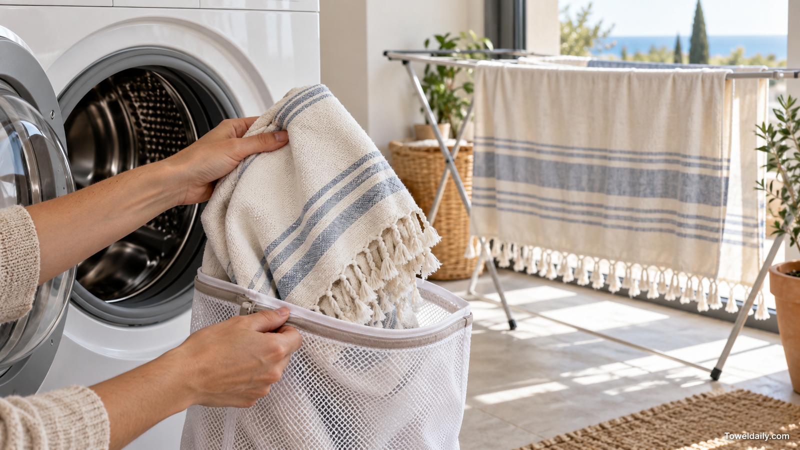 Fouta towel being prepared for washing with another towel drying fully on a rack