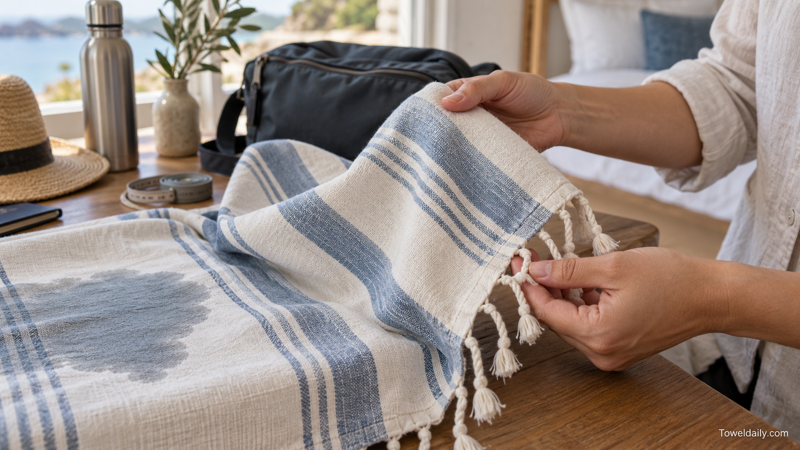 Traveler inspecting the weave, hem, and fringe of a striped fouta towel