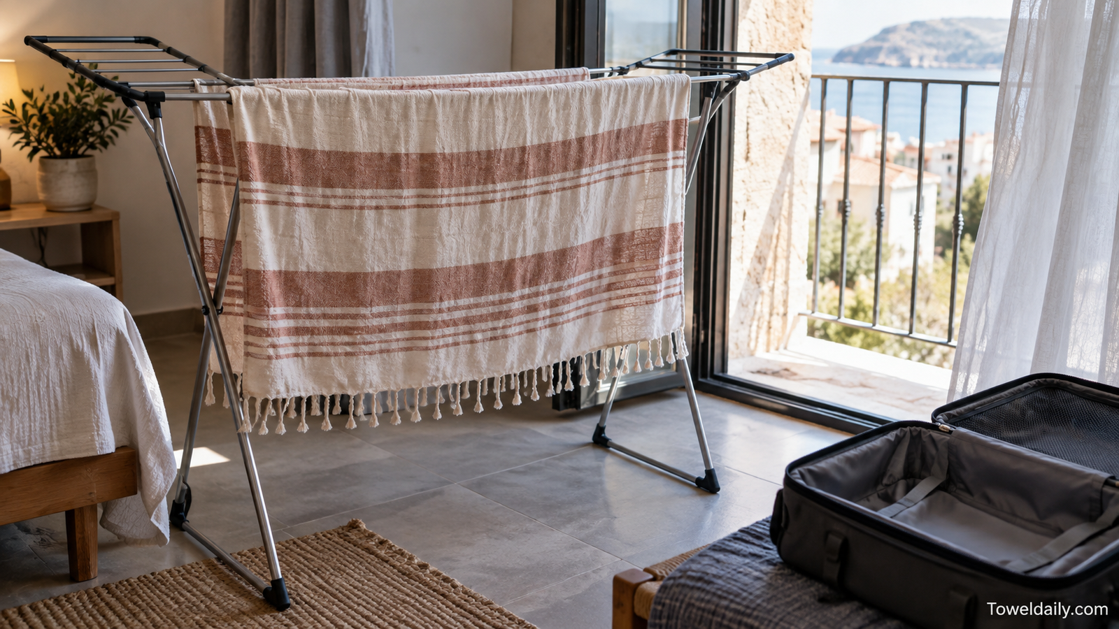 Fouta towel opened fully on a drying rack beside an unpacked travel suitcase